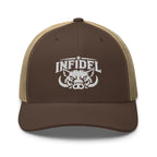 Brown Khaki snapback trucker cap with embroidered INFIDEL War Pig design, front view