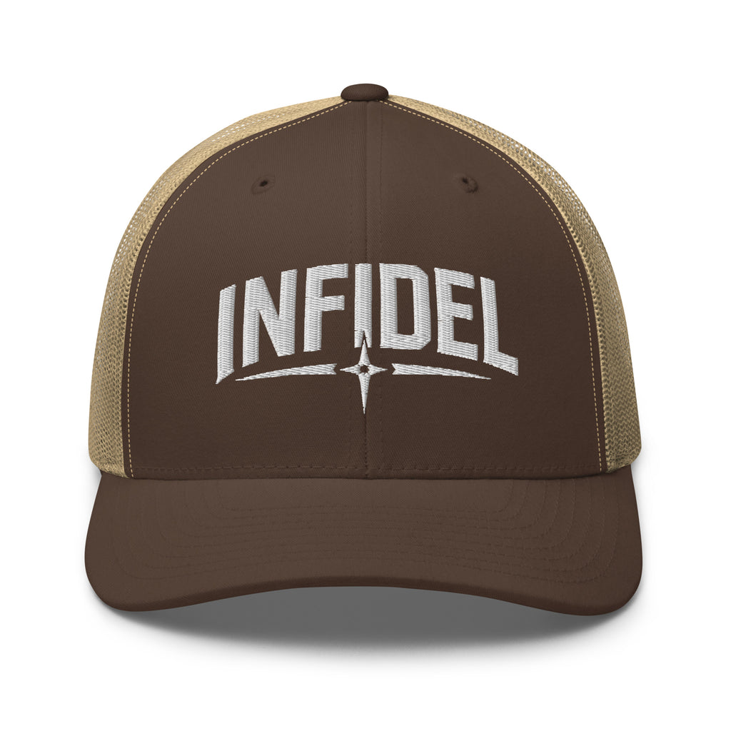 Brown Khaki snapback trucker cap with embroidered Infidel Spike design, front view