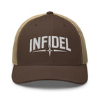 Brown Khaki snapback trucker cap with embroidered Infidel Spike design, front view