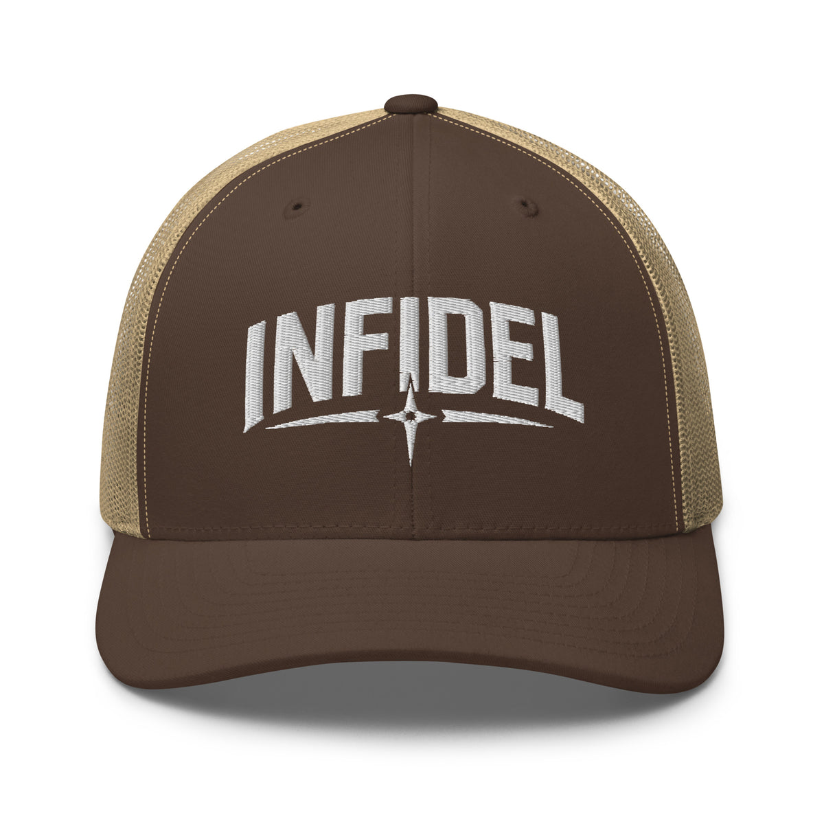 Brown Khaki snapback trucker cap with embroidered Infidel Spike design, front view