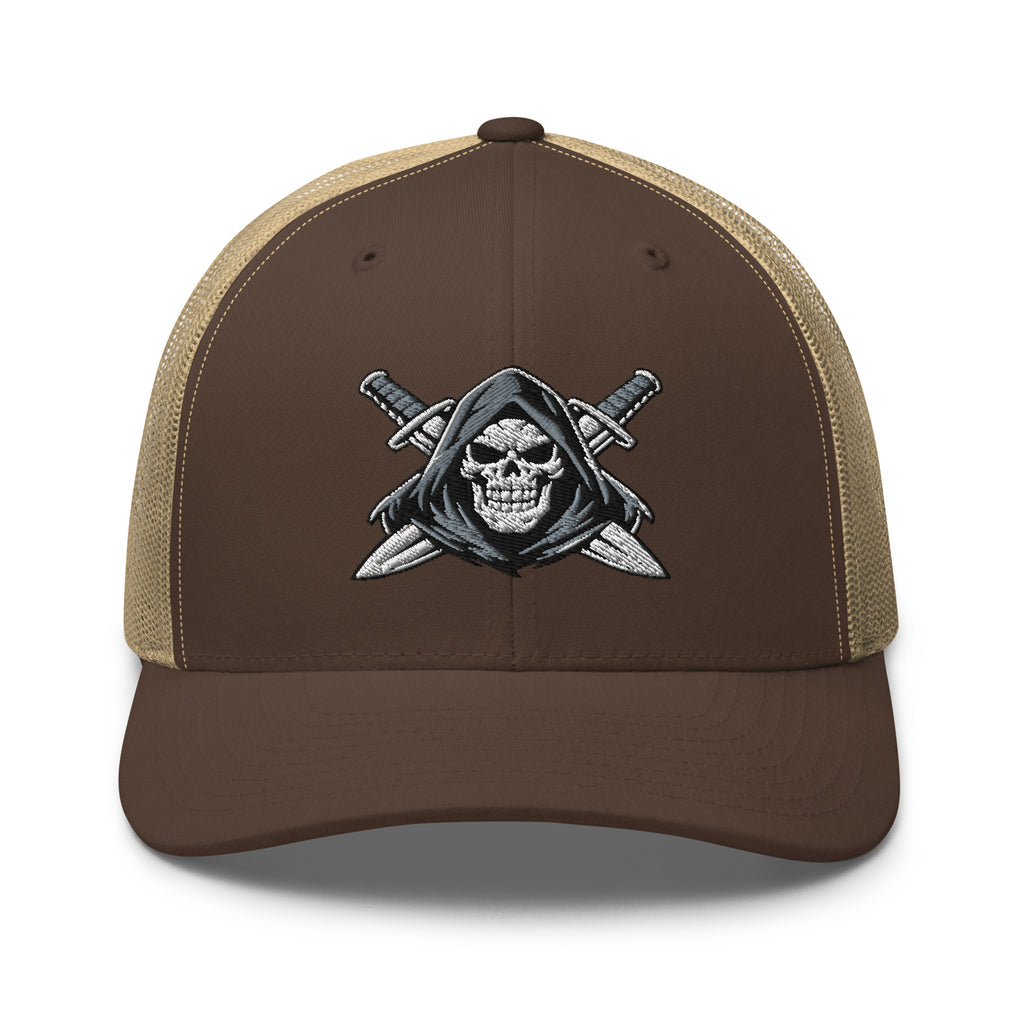 Brown Khaki snapback trucker cap with embroidered Only Fear Infidel reaper design, front view