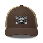 Brown Khaki snapback trucker cap with embroidered Only Fear Infidel reaper design, front view