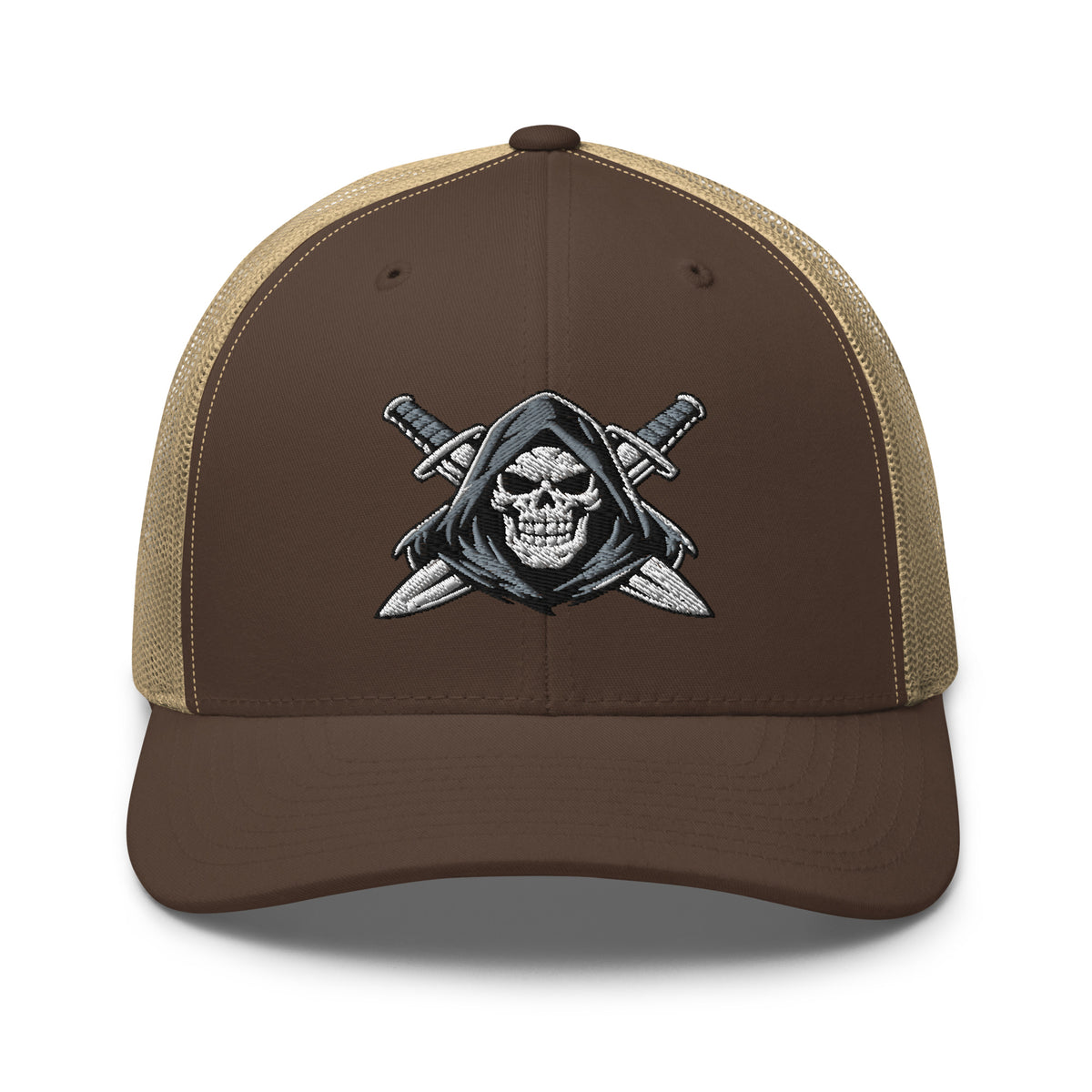 Brown Khaki snapback trucker cap with embroidered Only Fear Infidel reaper design, front view