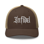 Brown Khaki snapback trucker cap with embroidered Infidel Script design, front view
