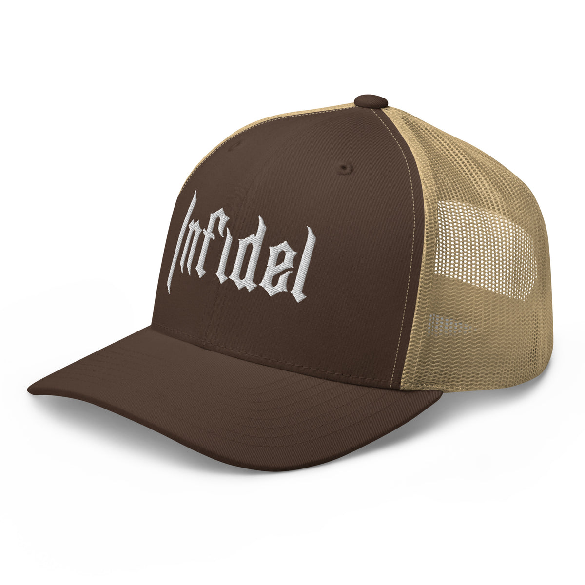 Brown Khaki, snapback hat, with embroidered OG INFIDEL mark, left front view