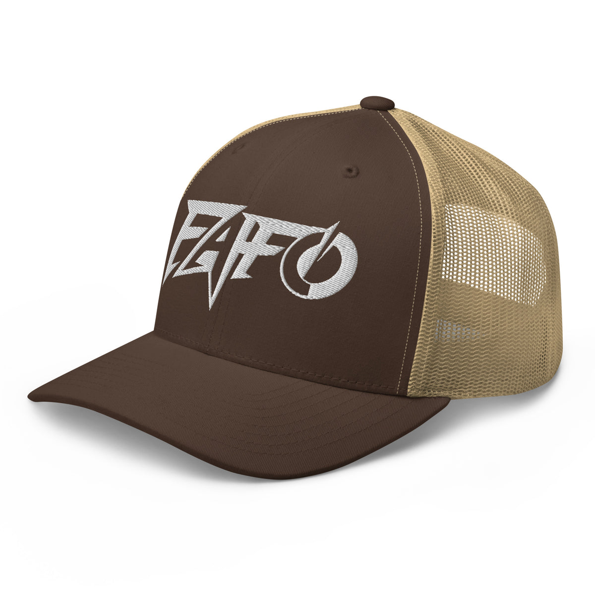 Brown Khaki snapback trucker cap with embroidered FAFO Power design, left front view