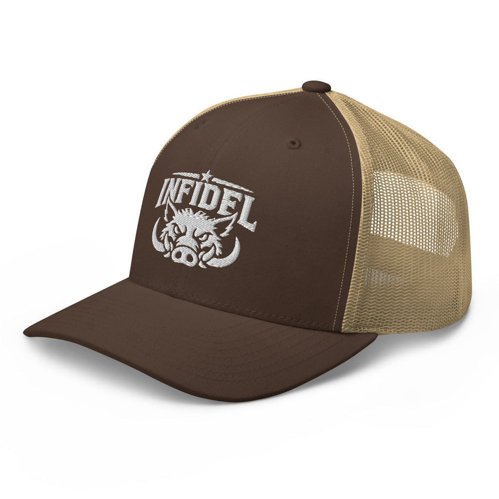 Brown Khaki snapback trucker cap with embroidered INFIDEL War Pig design, left front view