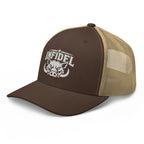 Brown Khaki snapback trucker cap with embroidered INFIDEL War Pig design, left front view