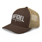 Brown Khaki snapback trucker cap with embroidered Infidel Spike design, left front view