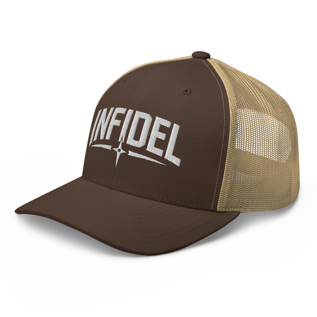 Brown Khaki snapback trucker cap with embroidered Infidel Spike design, left front view