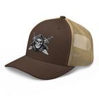 Brown Khaki snapback trucker cap with embroidered Only Fear Infidel reaper design, left front view