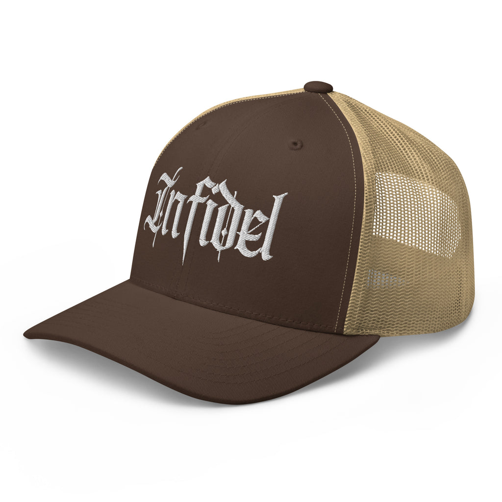 Brown Khaki snapback trucker cap with embroidered Infidel Script design, left front view