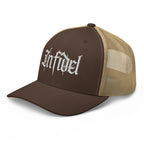 Brown Khaki snapback trucker cap with embroidered Infidel Script design, left front view