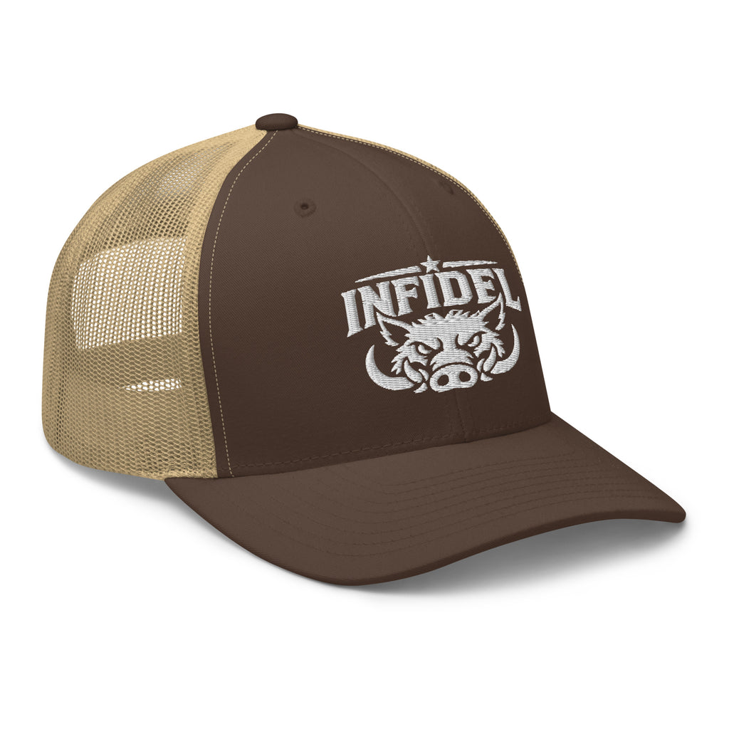 Brown Khaki snapback trucker cap with embroidered INFIDEL War Pig design, right front view