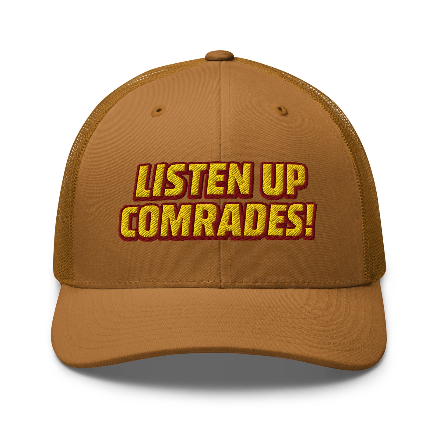 Brown cap with 'Listen Up Comrades!' text on a white background