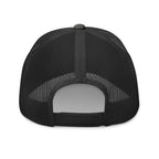 Charcoal snapback trucker cap with embroidered INFIDEL War Pig design, back view