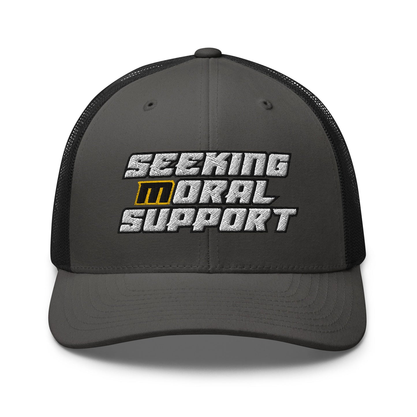 Charcoal-Black Snapback Custom Trucker Hat – Funny NSFW Seeking M-oral Support Vulgar Humor Infidel Collective