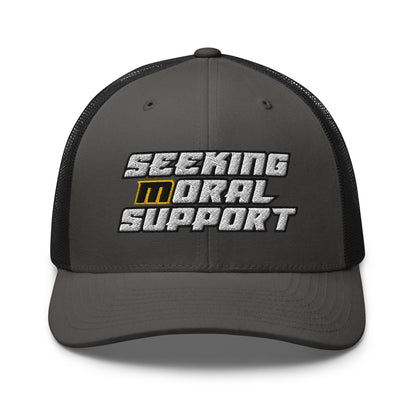 Charcoal-Black Snapback Custom Trucker Hat – Funny NSFW Seeking M-oral Support Vulgar Humor Infidel Collective