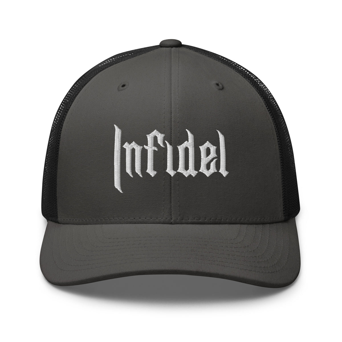 Charcoal Black, snapback hat, with embroidered OG INFIDEL mark, front view