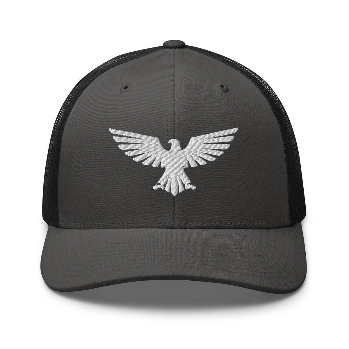 Charcoal Black, snapback hat, with embroidered patriotic eagle crest, front view