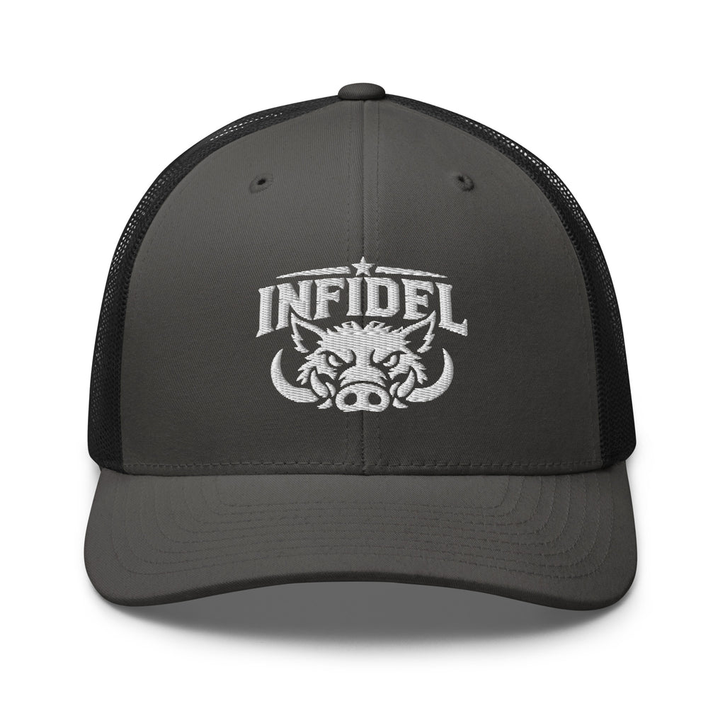 Charcoal Black snapback trucker cap with embroidered INFIDEL War Pig design, front view