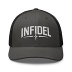 Charcoal Black snapback trucker cap with embroidered Infidel Spike design, front view
