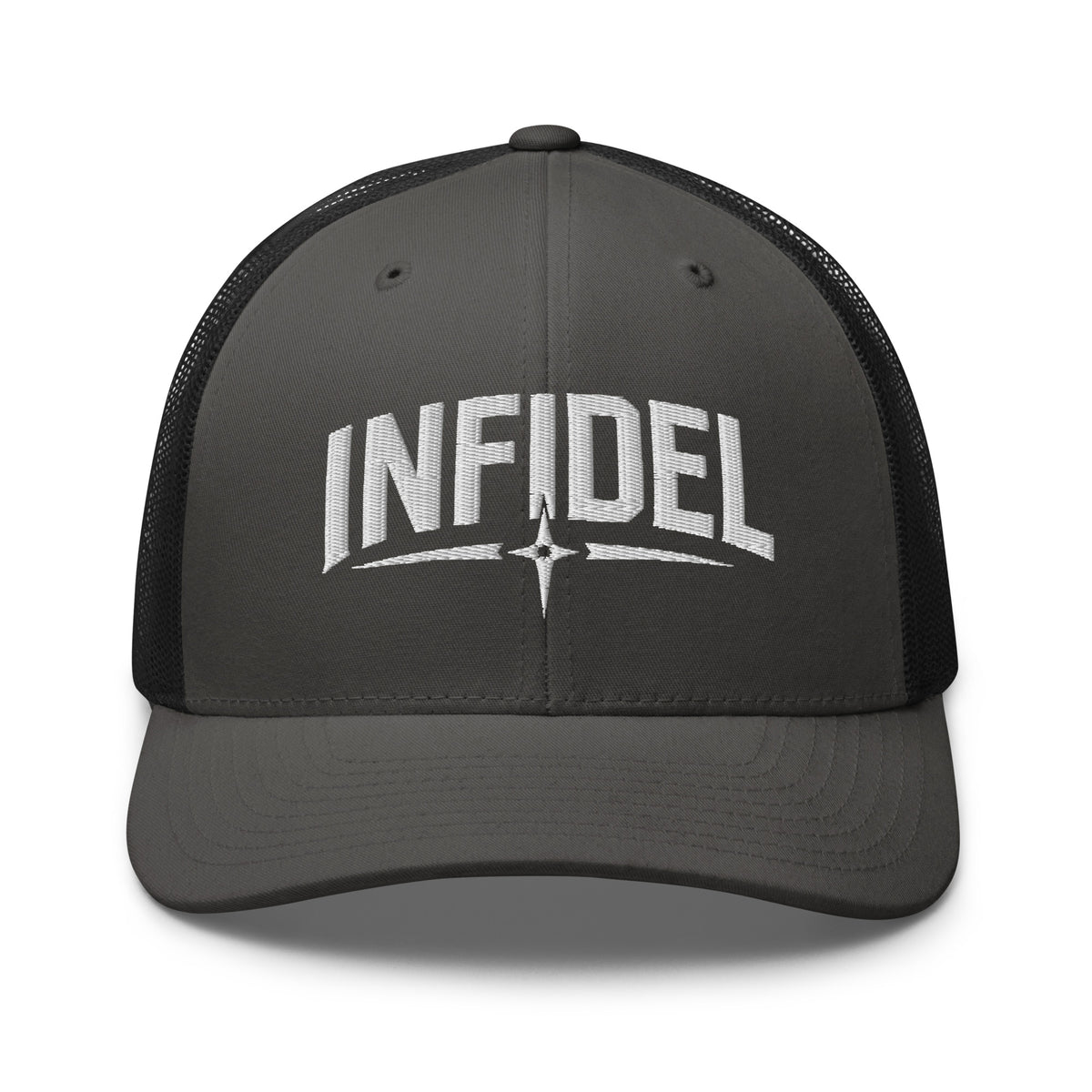 Charcoal Black snapback trucker cap with embroidered Infidel Spike design, front view