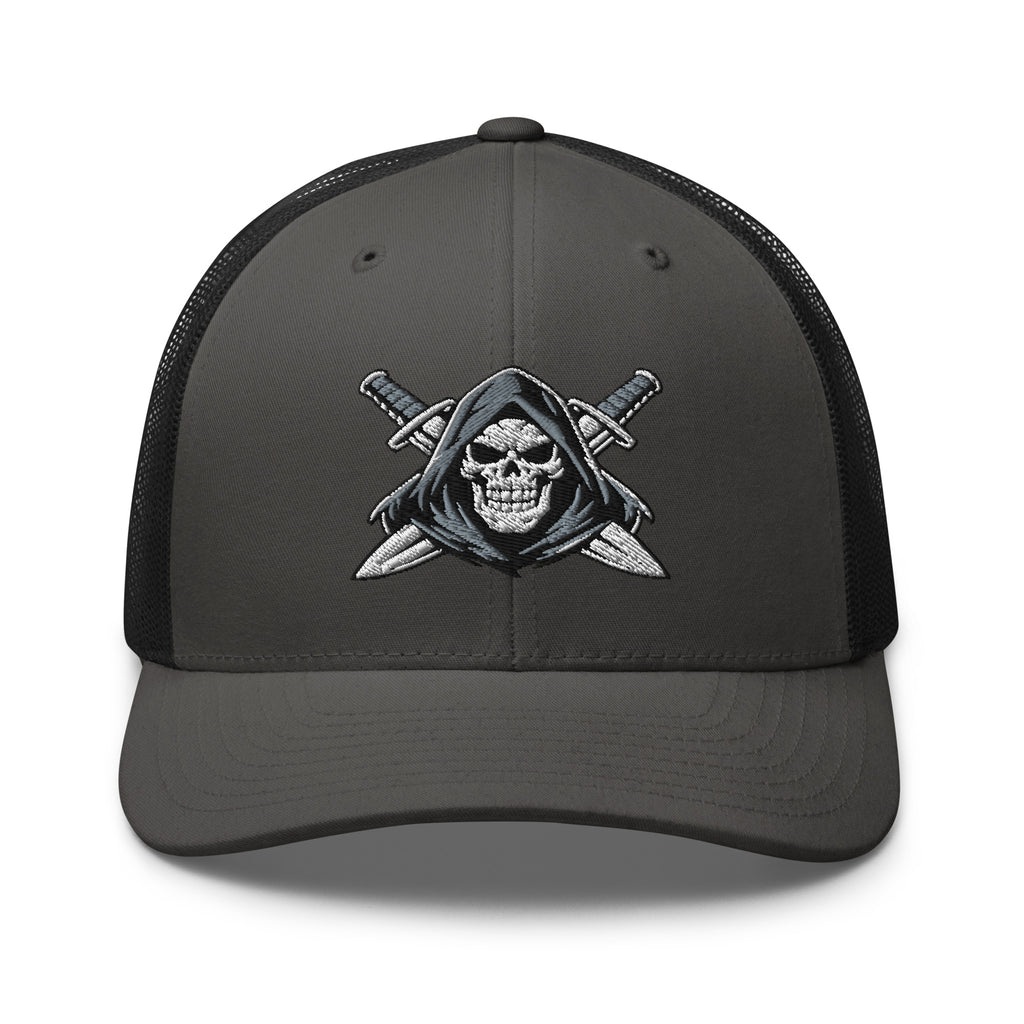 Charcoal Black snapback trucker cap with embroidered Only Fear Infidel reaper design, front view