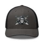 Charcoal Black snapback trucker cap with embroidered Only Fear Infidel reaper design, front view