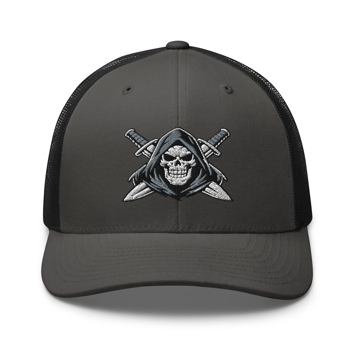 Charcoal Black snapback trucker cap with embroidered Only Fear Infidel reaper design, front view