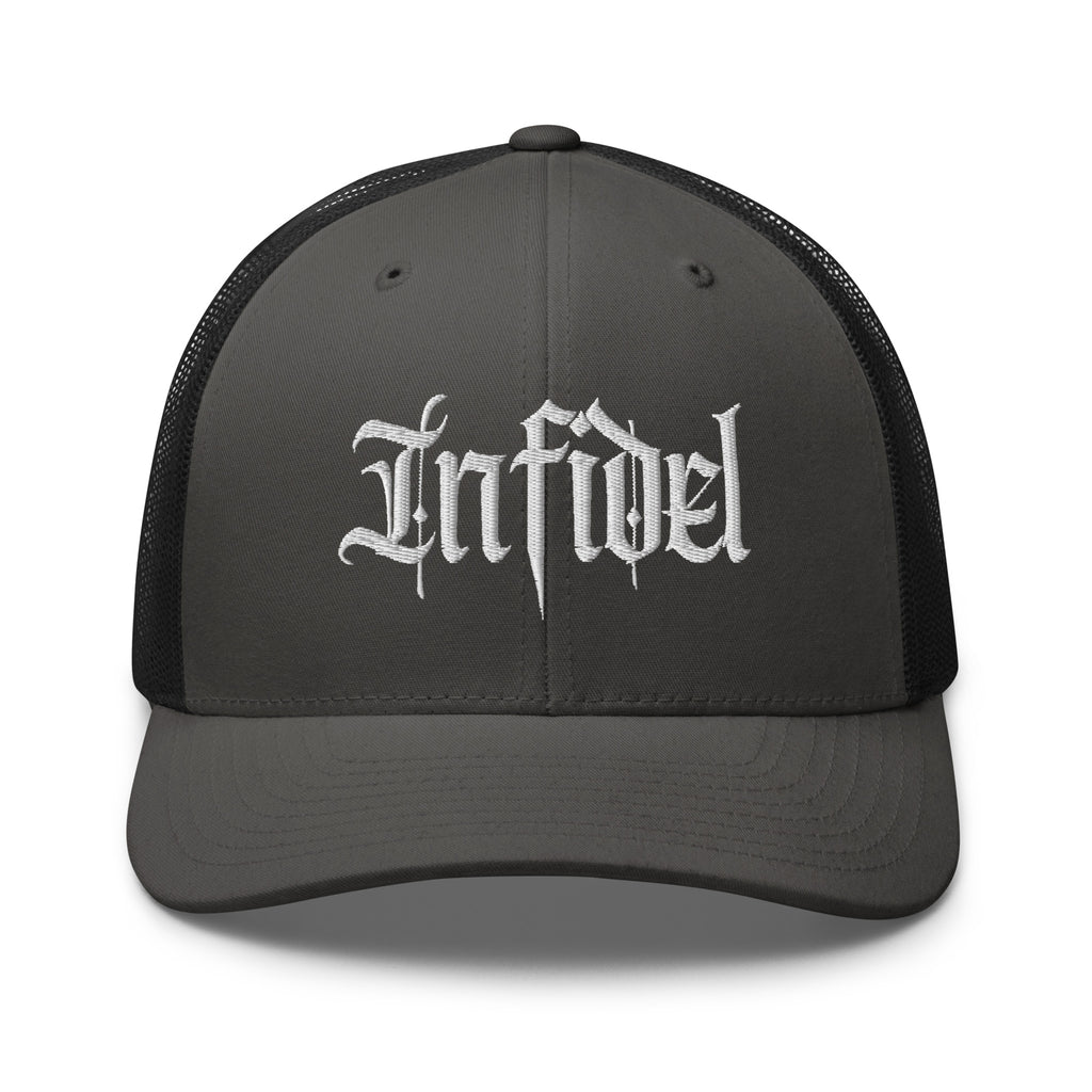 Charcoal Black snapback trucker cap with embroidered Infidel Script design, front view