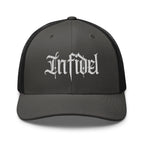Charcoal Black snapback trucker cap with embroidered Infidel Script design, front view