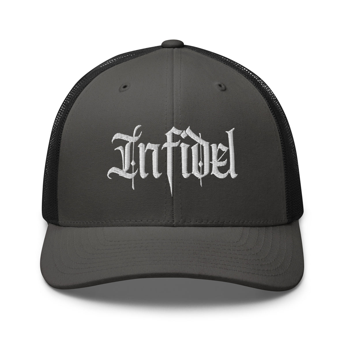 Charcoal Black snapback trucker cap with embroidered Infidel Script design, front view