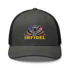 Charcoal Black mesh-back trucker cap with embroidered INFIDEL USA Flag Cobra front design, front view