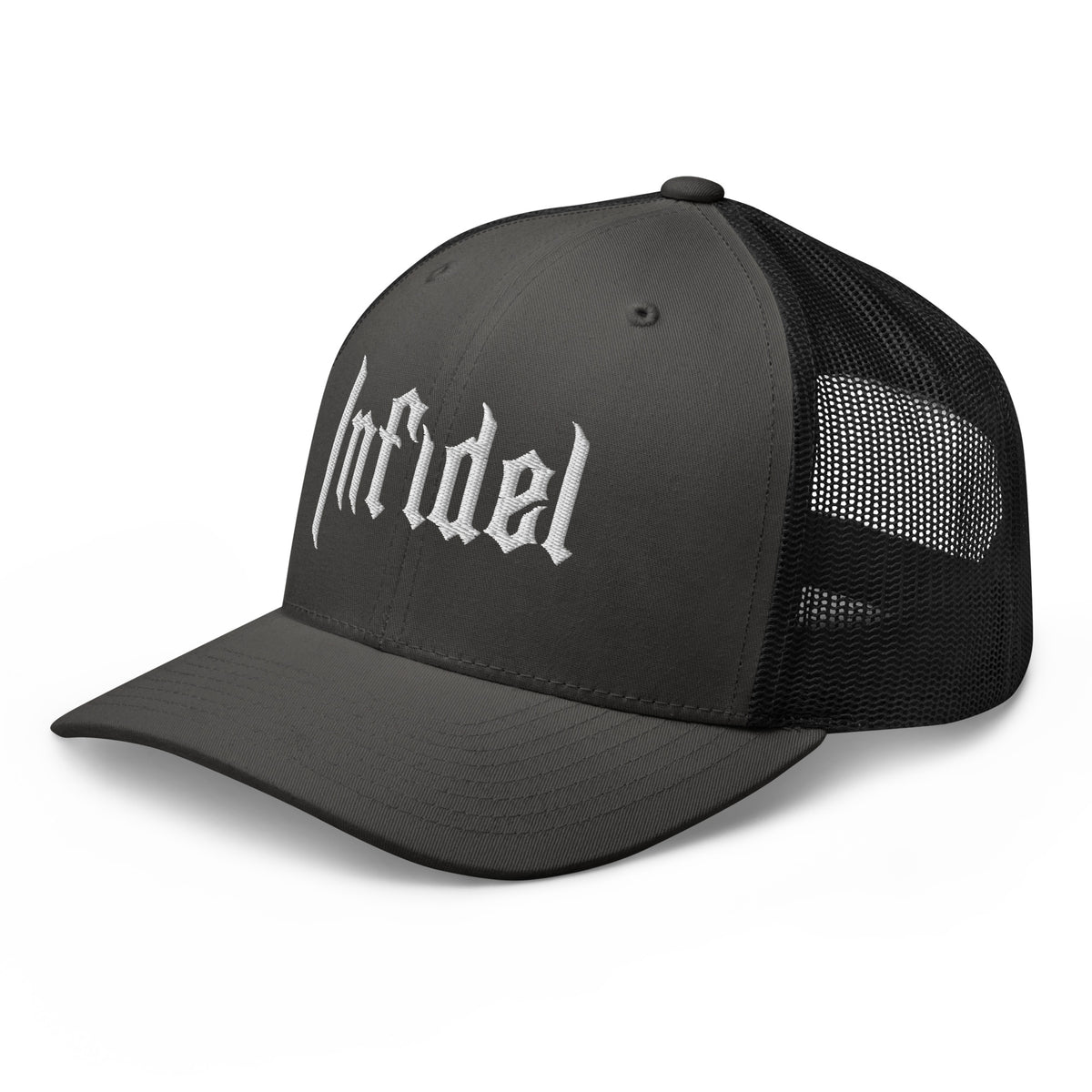 Charcoal Black, snapback hat, with embroidered OG INFIDEL mark, left front view