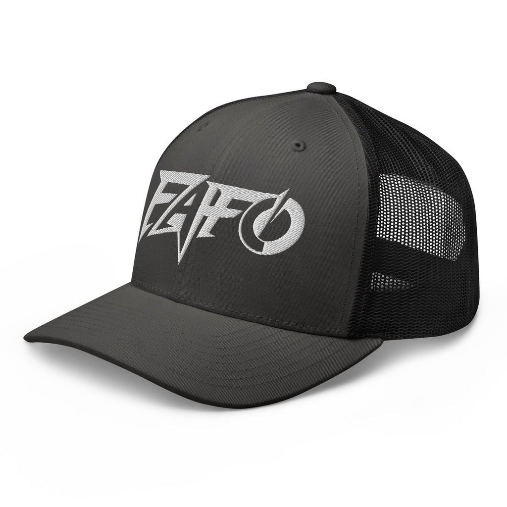 Charcoal Black snapback trucker cap with embroidered FAFO Power design, left front view