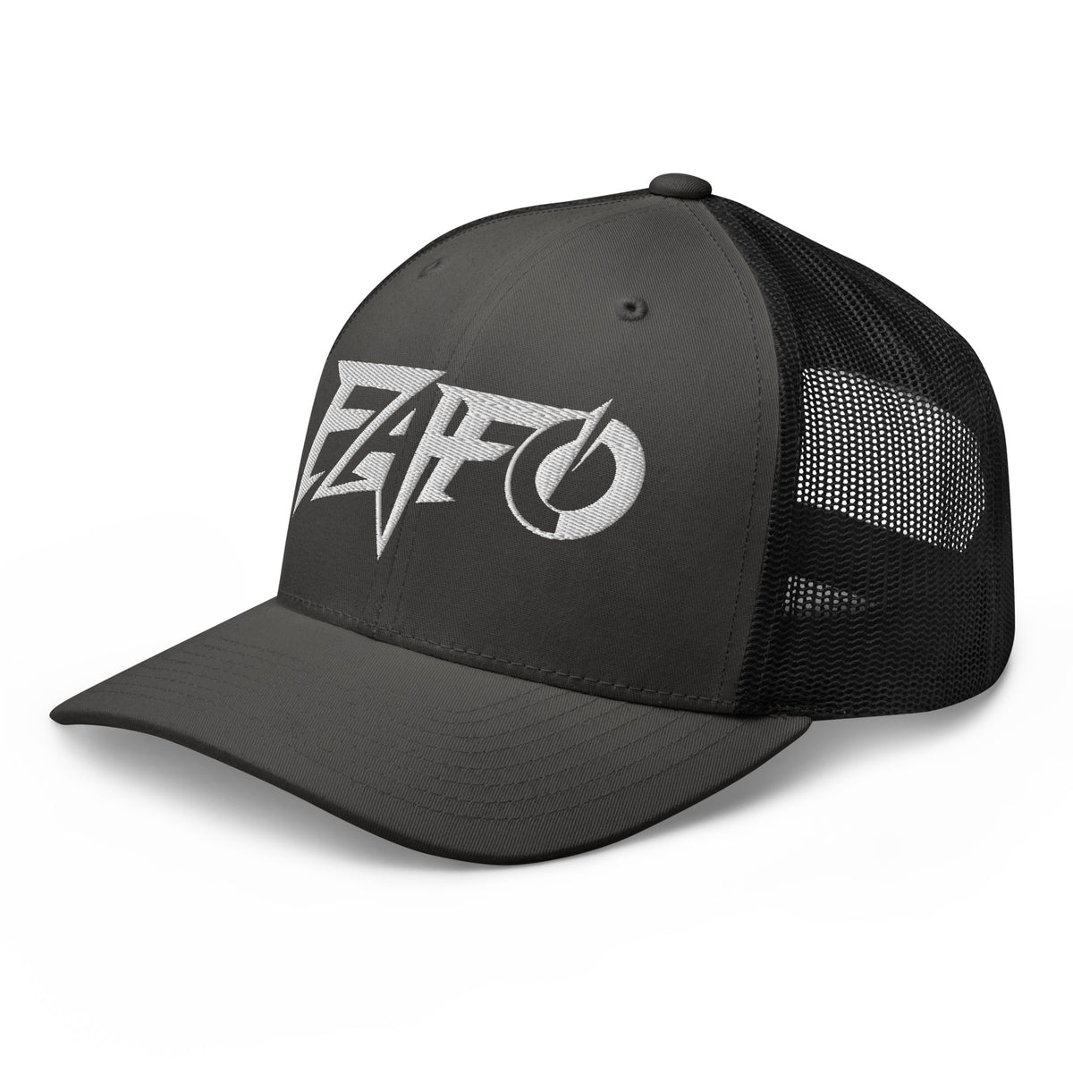 Charcoal Black snapback trucker cap with embroidered FAFO Power design, left front view