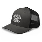 Charcoal Black snapback trucker cap with embroidered INFIDEL War Pig design, left front view