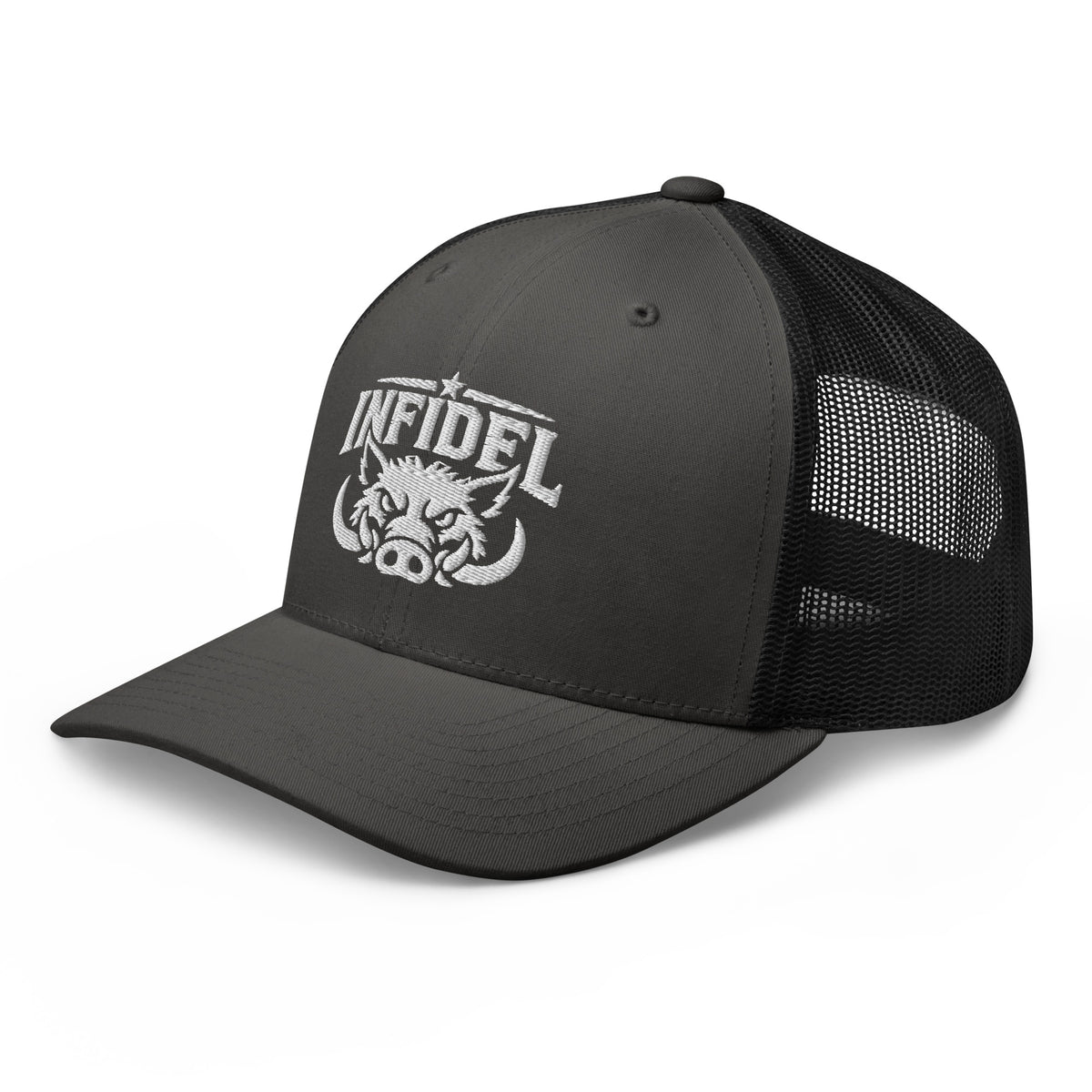 Charcoal Black snapback trucker cap with embroidered INFIDEL War Pig design, left front view