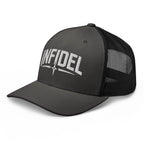 Charcoal Black snapback trucker cap with embroidered Infidel Spike design, left front view