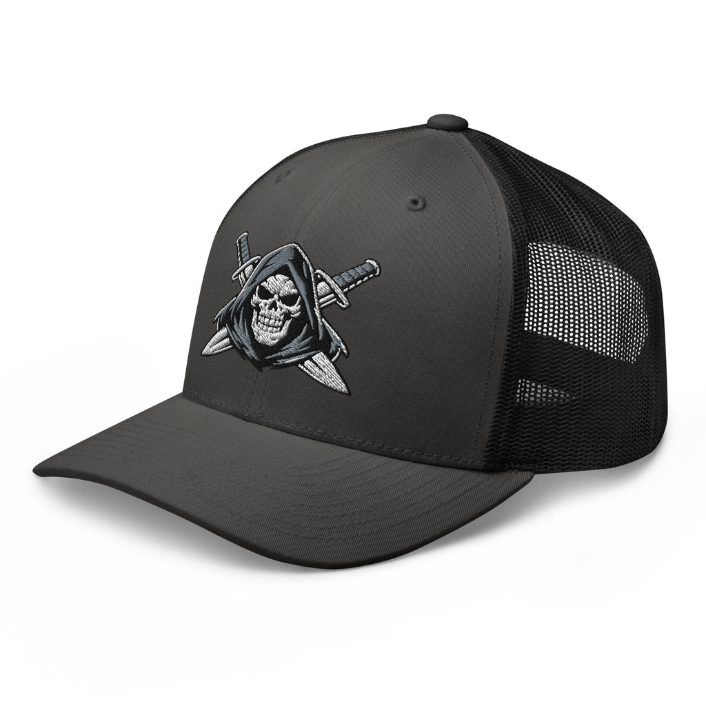 Charcoal Black snapback trucker cap with embroidered Only Fear Infidel reaper design, left front view