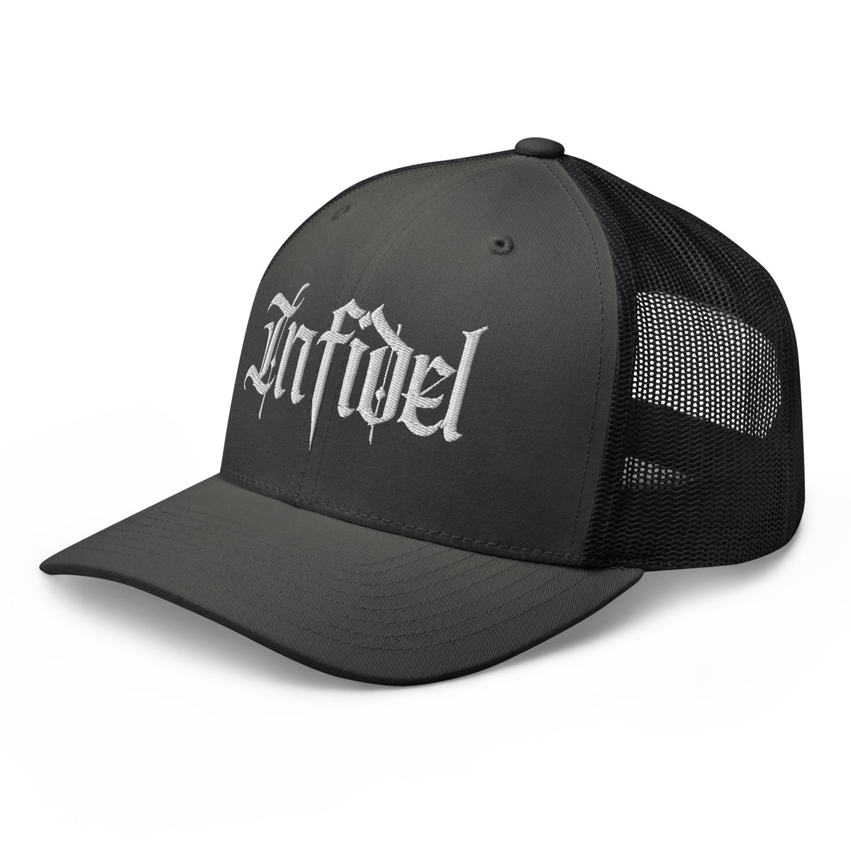 Charcoal Black snapback trucker cap with embroidered Infidel Script design, left front view