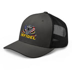 Charcoal Black mesh-back trucker cap with embroidered INFIDEL USA Flag Cobra design, left front view