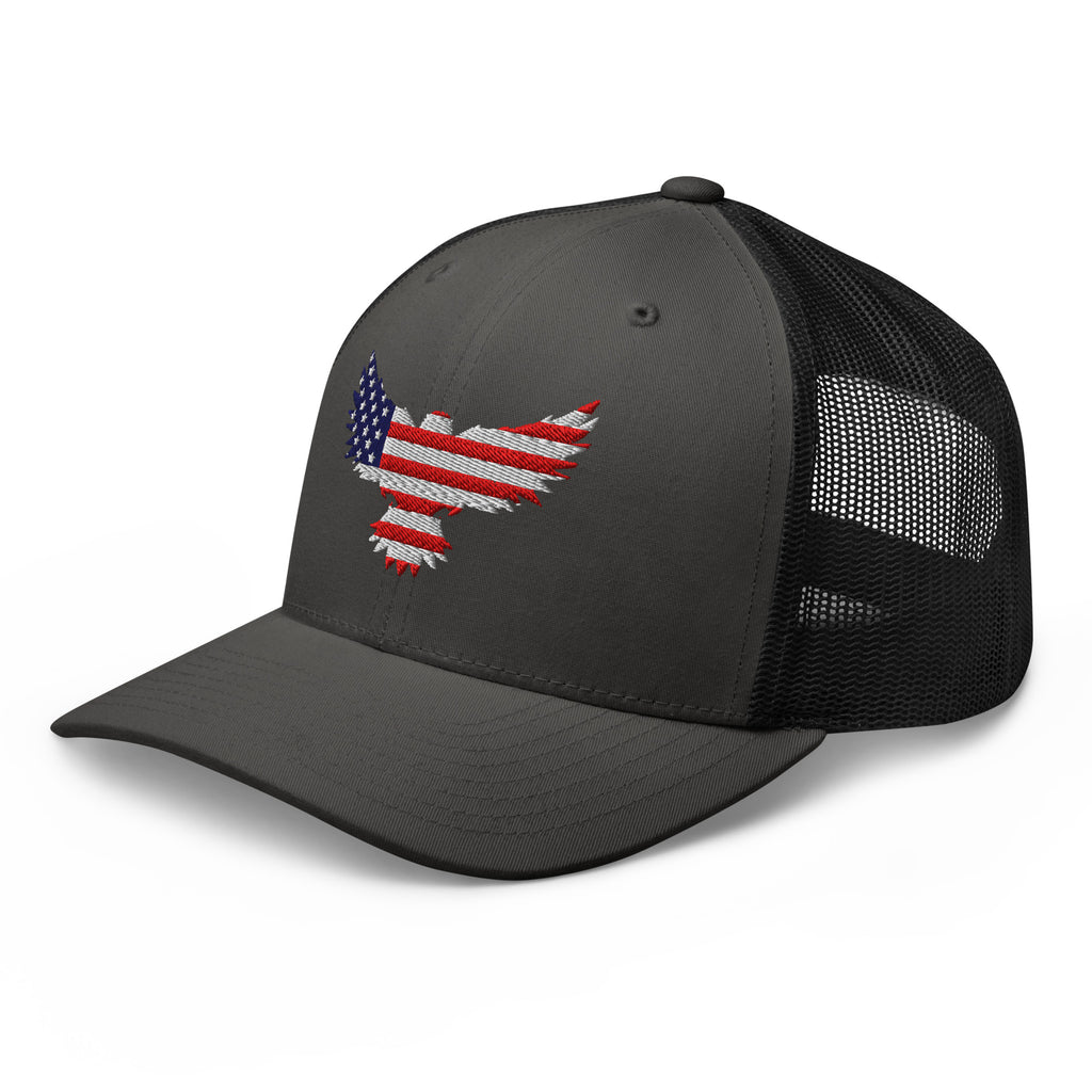 Charcoal Black trucker snapback cap, left front view with Old Glory Eagle embroidery