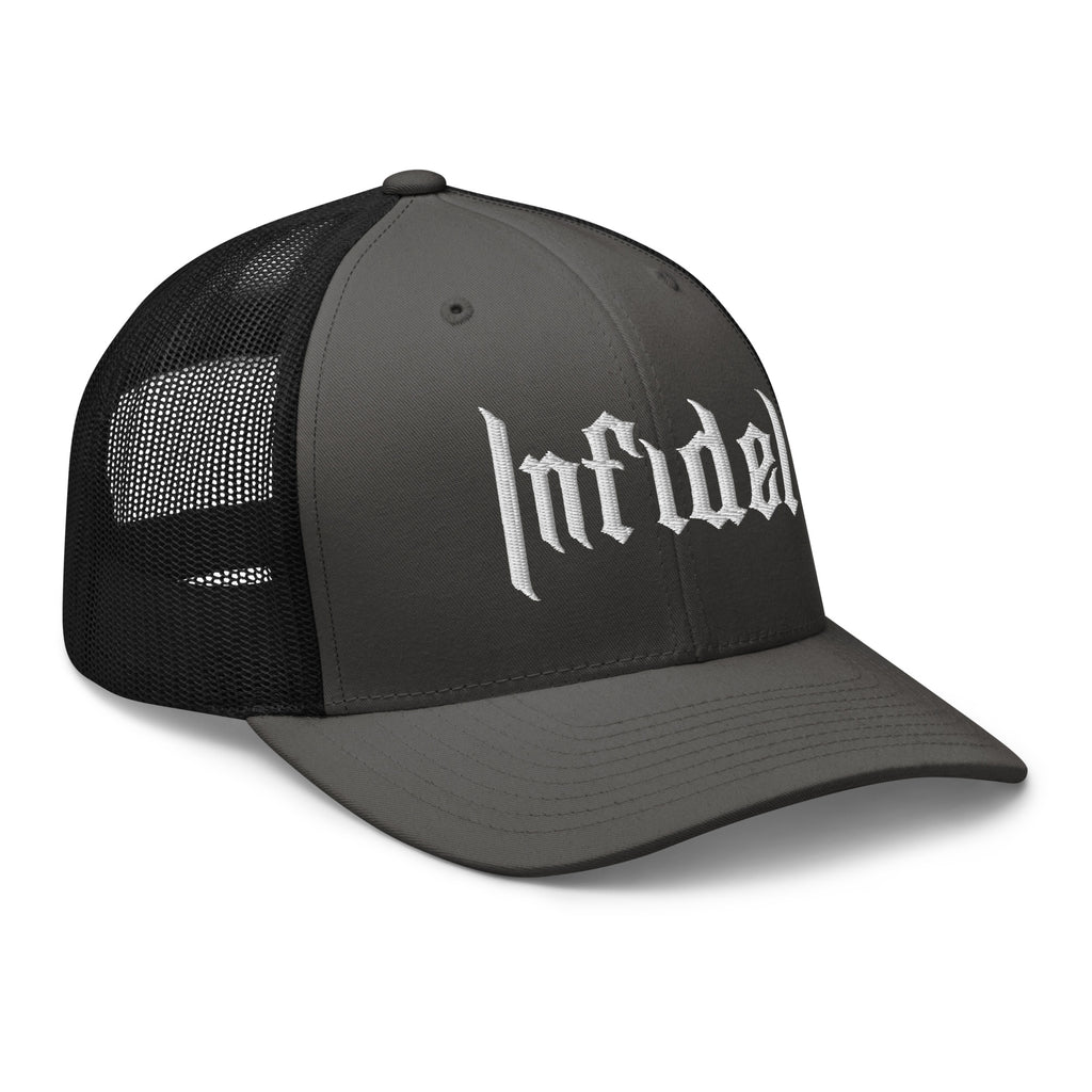 Charcoal Black, snapback hat, with embroidered OG INFIDEL mark, right front view