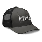Charcoal Black, snapback hat, with embroidered OG INFIDEL mark, right front view