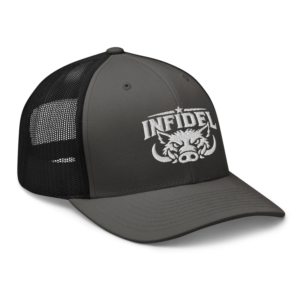 Charcoal Black snapback trucker cap with embroidered INFIDEL War Pig design, right front view