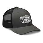 Charcoal Black snapback trucker cap with embroidered INFIDEL War Pig design, right front view