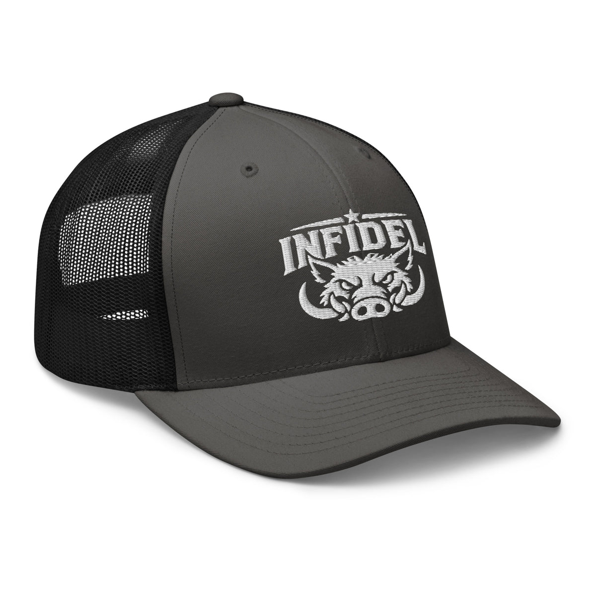 Charcoal Black snapback trucker cap with embroidered INFIDEL War Pig design, right front view