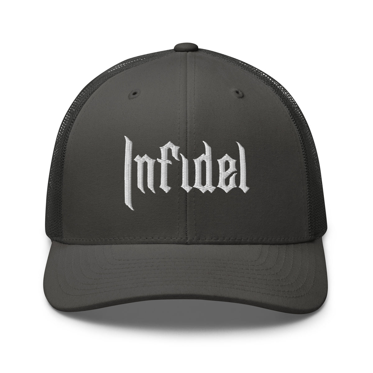 Charcoal, snapback hat, with embroidered OG INFIDEL mark, front view